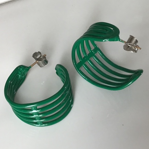 Vintage 1980s Hoop Earrings Pierced Green Retro Disco - Picture 7 of 16